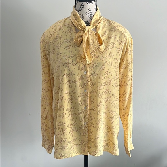 90s Yellow Floral Silk Blouse With Neck Tie Bow - Picture 1 of 5